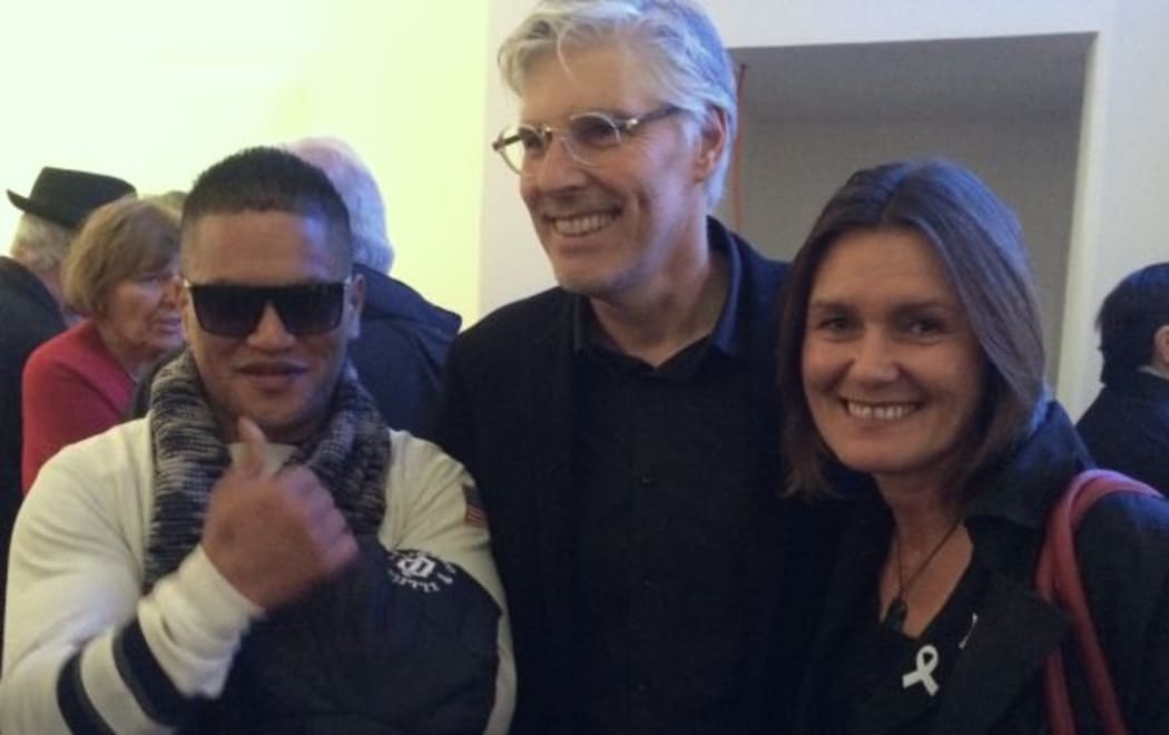 Photographer Nigel Swinn with subjects Teina Pora and Louise Nicholas at the opening of his exhibition No Free Man at the Gus Fisher Gallery