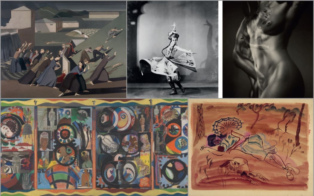Images clockwise from top left: Winifred Knights, The Deluge 1920; Sam Hood, Sono Osato from Ballet Russes; Clifton Firth, Freda Stark 1947; Frances Hodgkins, Under the Pines 1931; Eileen Agar, The Autobiography of an Embryo 1933 - 34.
