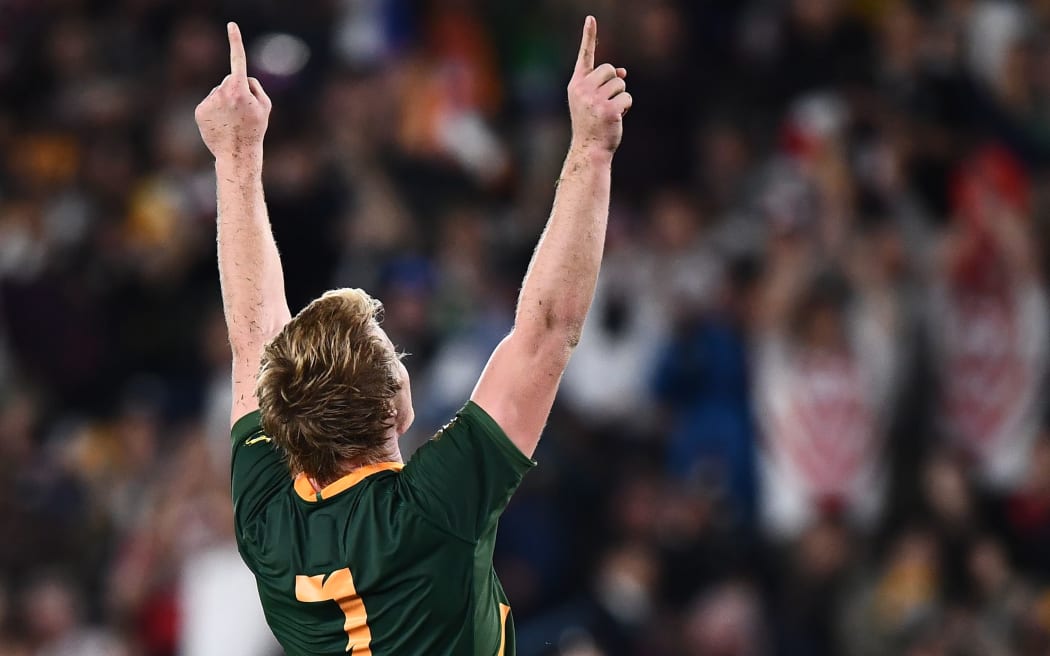 South Africa's flanker Pieter-Steph Du Toit celebrates winning the 2019 Rugby World Cup final.