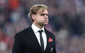 New Zealand's head coach Scott Robertson reacts during the warm up ahead of the Autumn Nations Series international rugby union test match between France and New Zealand at the Stade de France in Saint-Denis, north of Paris, on November 16, 2024. (Photo by FRANCK FIFE / AFP)