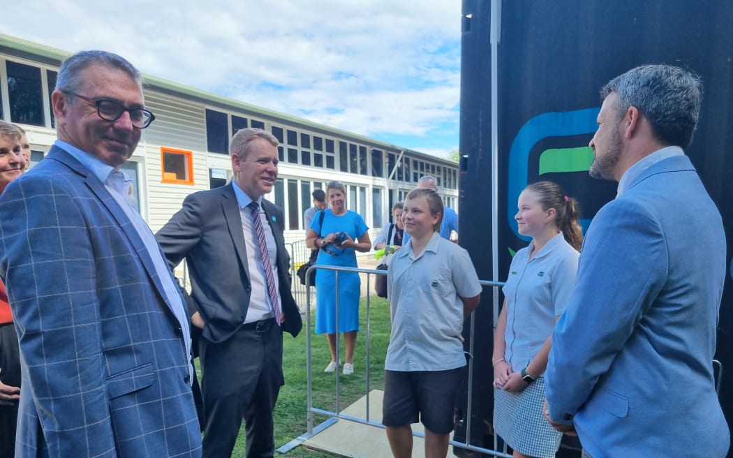 Christchurch central MP Duncan Webb and Prime Minister Chris Hipkins are given a tour of the rebuild work at Heaton Normal Intermediate School by students George Thompson, Alex Binnie and principal James Griggs on 3 March, 2023.