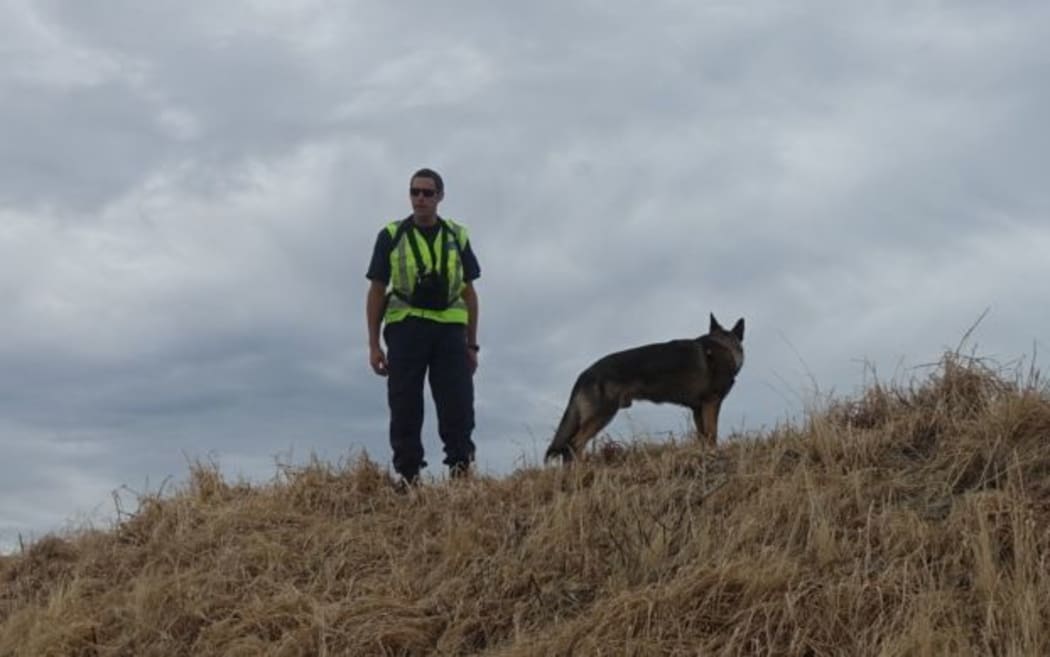 Constable Dean Rutherford and his dog Jagger help search land near Christchurch's red zone.