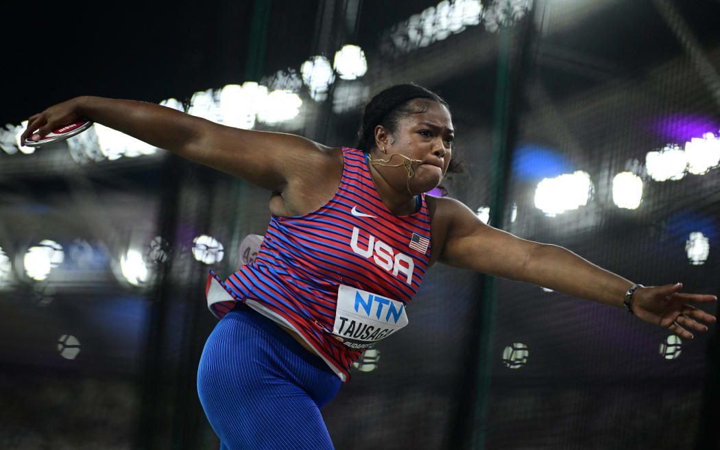 Laulauga Tausaga competes in the women's discus throw final during the World Athletics Championships in Budapest.