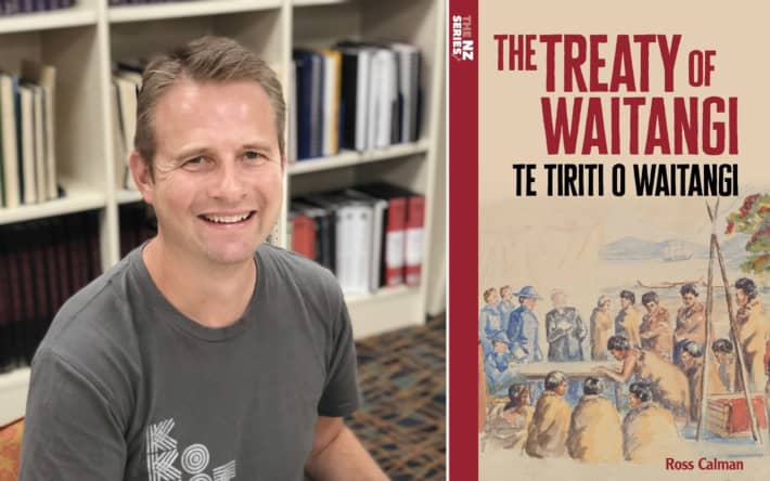 A composite of Ross Calman (Ngāti Toa, Ngāti Raukawa, Kāi Tahu) and the cover of his book, The Treaty of Waitangi.