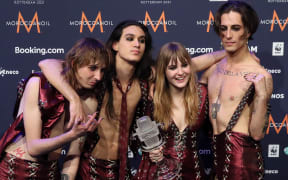 Thomas Raggi, Ethan Torchio, Victoria De Angelis, Damiano David (L-R) of the Maneskin rock band representing Italy, the winners of the 2021 Eurovision song contest.