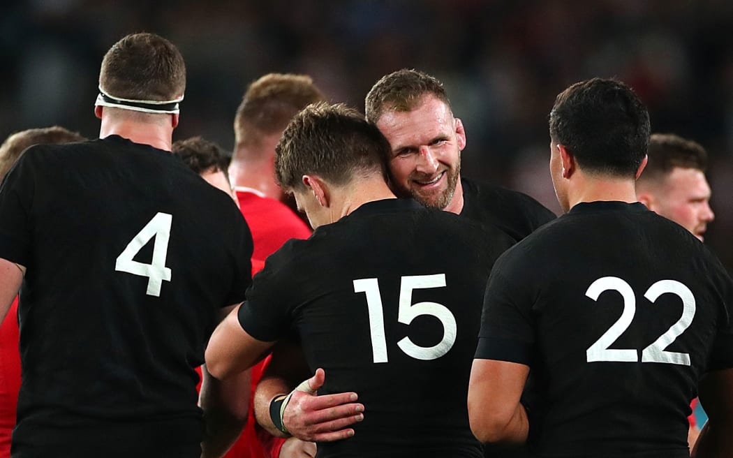 2019 Rugby World Cup Bronze Final, Tokyo Stadium, Tokyo, Japan 1/11/2019
New Zealand vs Wales
New Zealand's Kieran Read celebrates winning with Beauden Barrett