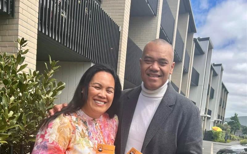 First time Green Party of Aotearoa New Zealand MP Fa’anānā Efeso Collins with his wife at a polling booth.
