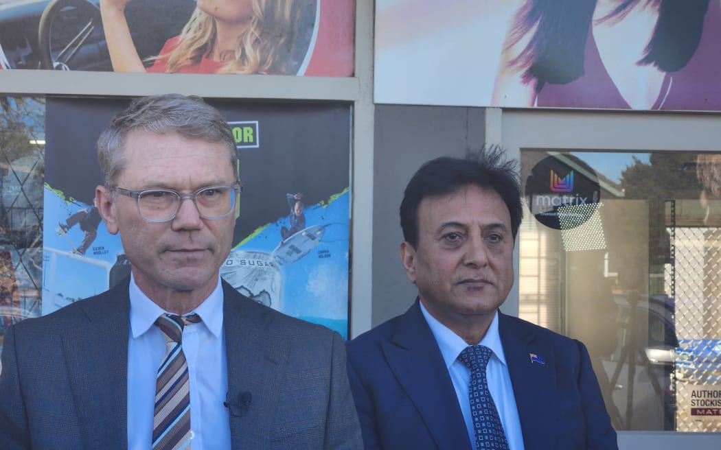 Justice Minister Paul Goldsmith and Dairy & Business Owners Group chair and Crime Prevention Group president Sunny Kaushal who has just been appointed to chair the new advisory group on retail crime.