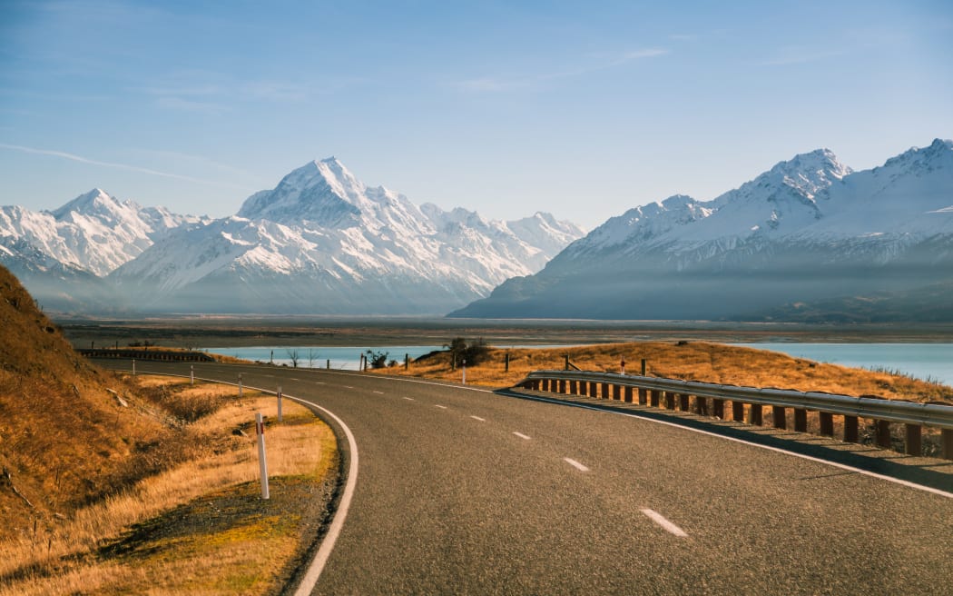 Road to Aoraki/Mount Cook and Lake Pukaki in the morning light.