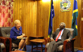 US Ambassador to  Papua New Guinea, Solomon Islands and Vanuatu, Catherine Ebert-Gray (L) meets with Solomon Islands Prime Minister Manasseh Sogavare.