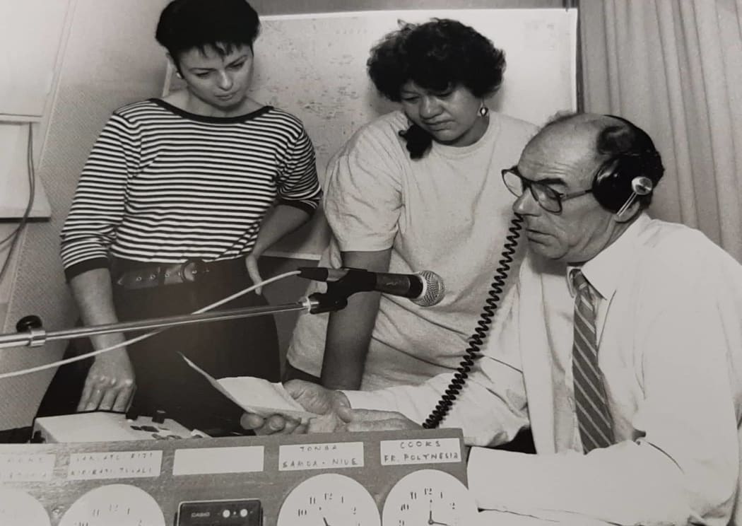 (L-R) Linden Clark, Elma MaUa and Ian Johnstone preparing for the launch of RNZ International now RNZ Pacific in 1990.