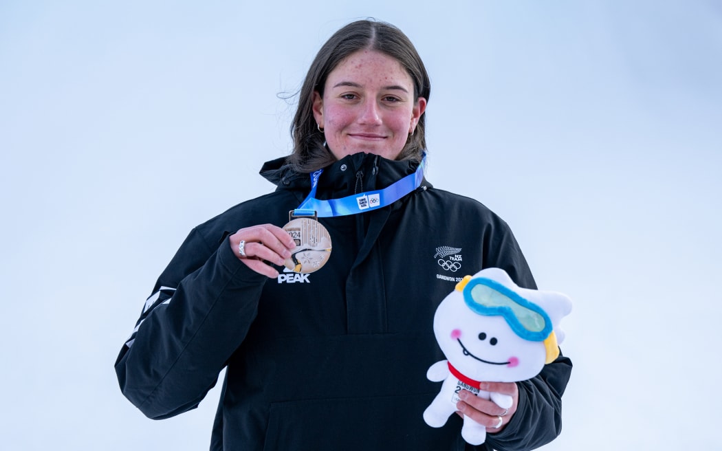 Silver medallist Lucia Georgalli celebrates on the podium following the Snowboard Women's Slopestyle at the Welli Hilli Park Ski Resort on 24 January, 2024. The Winter Youth Olympic Games, Gangwon, South Korea.