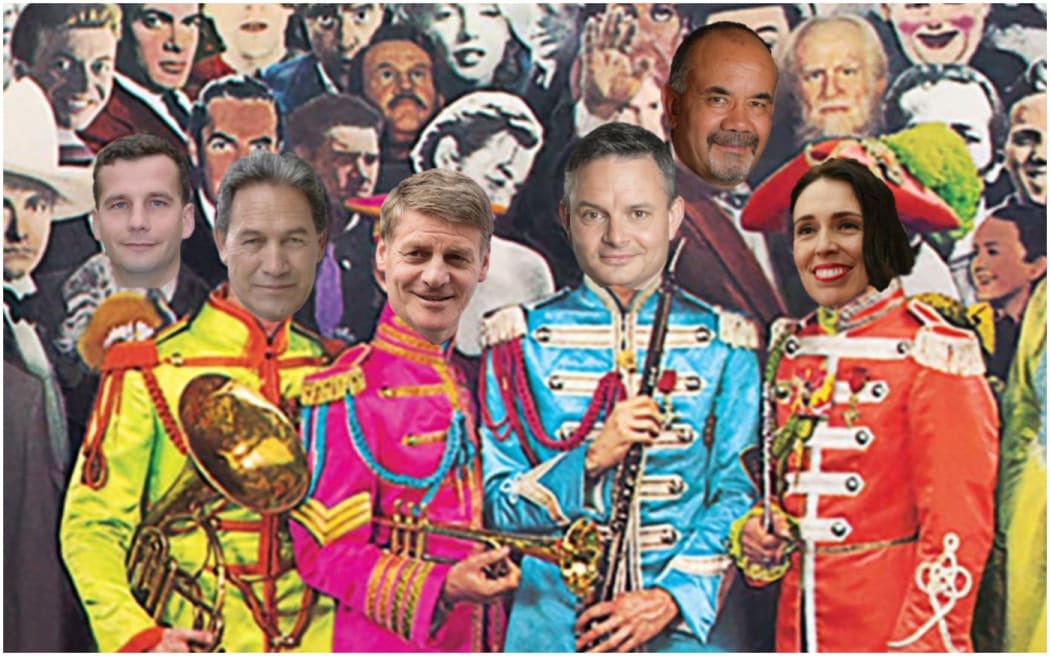 Sgt Pepper's album cover with the party leader's heads Photoshopped onto it