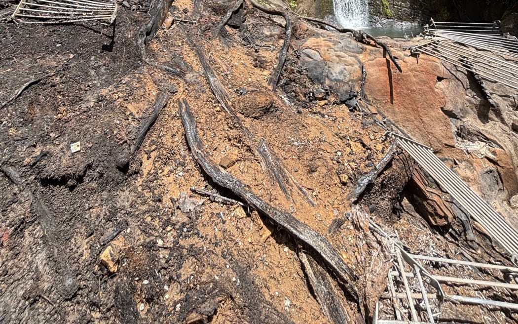 Fire damage to Fairy Falls Track in the Waitākere Ranges Regional shows damage to a large platform located near a popular swimming hole.