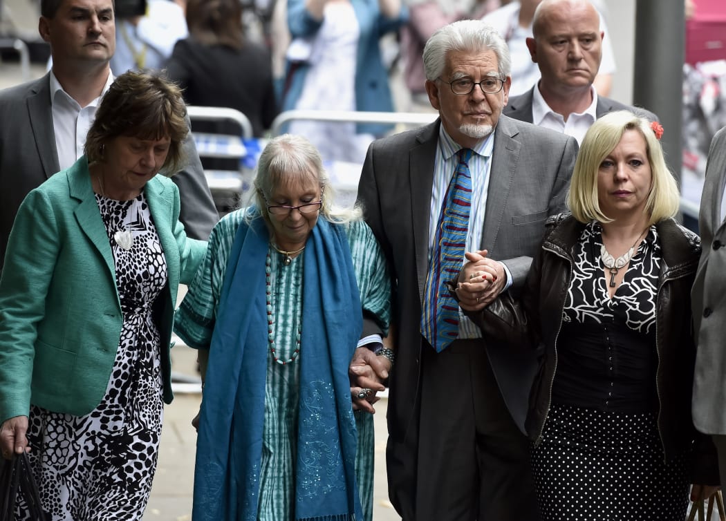 Rolf Harris was granted bail and left Southwark Crown Court with (from left) niece Jenny, wife Alwen Hughes and daughter Bindi.