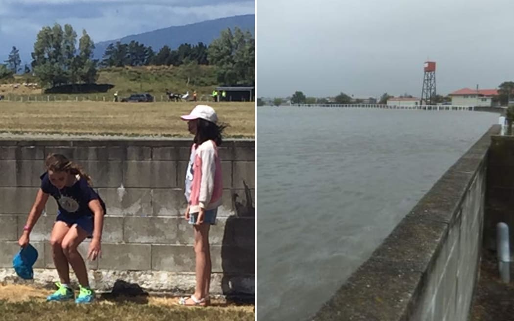Westport’s Patterson Park saw drought on Boxing Day (left) and saw flooding yesterday (right).