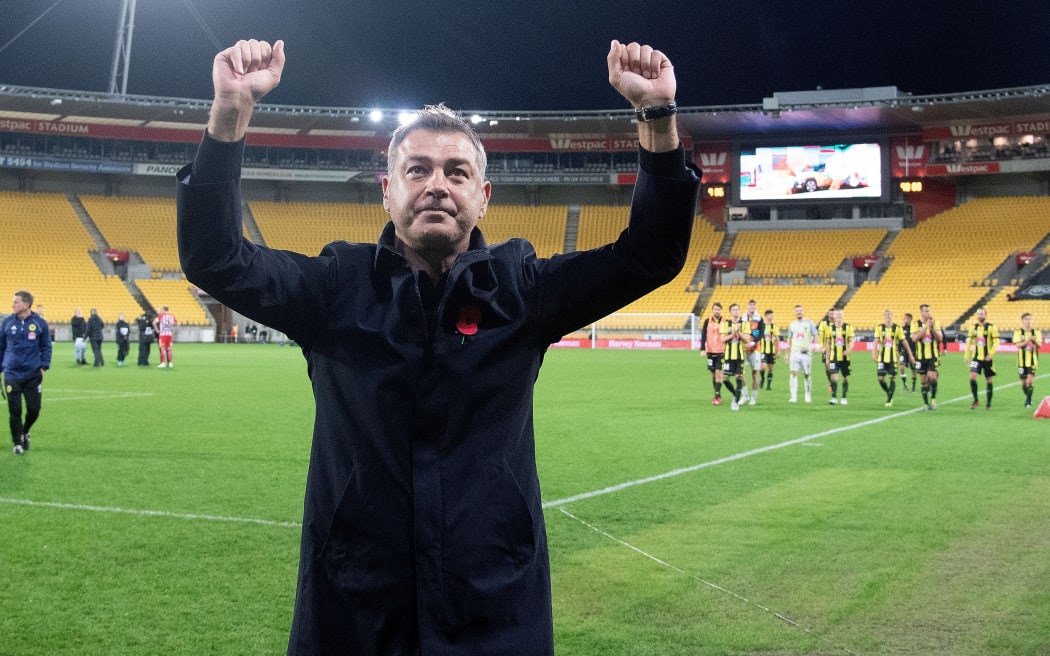 Phoenix coach Mark Rudan celebrates their win as he walks from the field during the A-League Phoenix vs Melbourne City football match at the Westpac Stadium in Wellington on Sunday the 21st of April 2019. Copyright Photo by Marty Melville / www.Photosport.nz