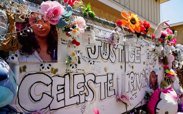 A makeshift memorial with flowers, candles and stuffed toys sits honoring Celeste Rivas Hernandez, 14, near Jamieson Street in Lake Elsinore, California, after the arrest of musician d4vd, April 17, 2026. Mandatory Credit: Arafat Barbakh/Reuters via CNN Newsource
