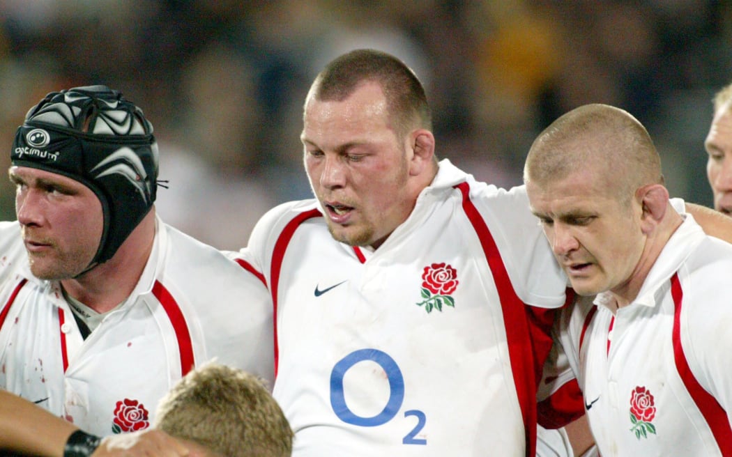 England front row, L-R, Graham Rowntree, Steve Thompson, Phil Vickery. 2003.