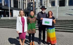 (From left) Ina Babic from the New Zealand Vegetarian Society, Green MP Lan Pham, Green MP Steve Abel and Claire Insley from the Vegan Society of Aotearoa New Zealand