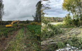 Council staff clearing the site of the broken pipe on the Ōpihi River in preparation for its replacement.