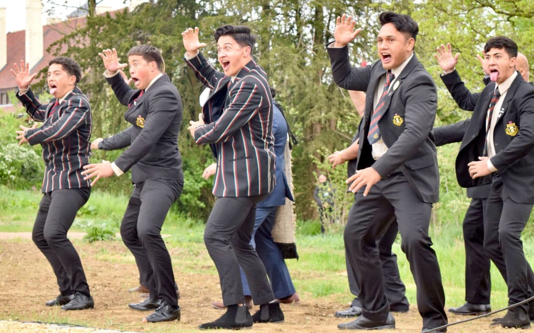 Students from Rotorua Boys High School performed a spirited haka at the unveiling of the pou maumahara in Zonnebeke on Anzac Day.