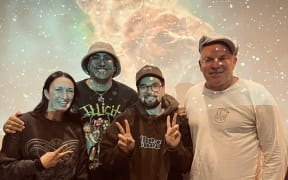Blair Tuke with chef Kia Kanuta and On the Air presenters Kara Rickard and Mark Williams at Stardome.