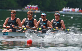 The New Zealand men's quadruple sculls crew of Nathan Flannery, Jade Uru, George Bridgwater, John Storey. 22 May 2016, 2016 FISA European and Final Olympic Qualification Regatta at Lucerne, Switzerland