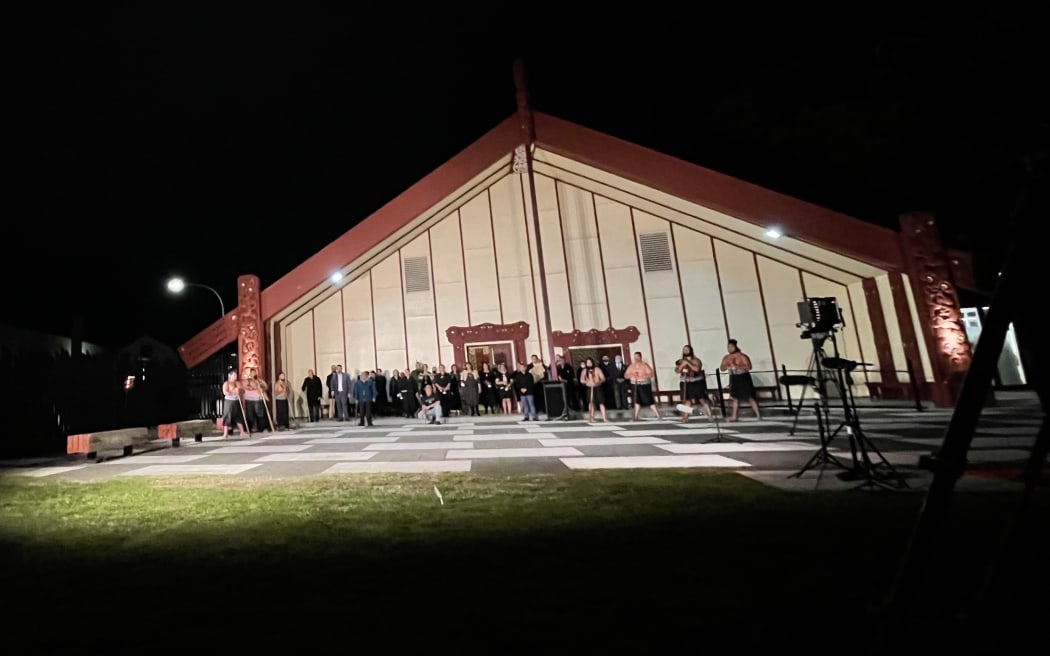 Descendents of Taranaki Whanui and its leaders in Wellington gathered at Pipitea Marae - just down the road from the protest - to lay te Kahu o te Raukura on its whenua as a cloak of peace.