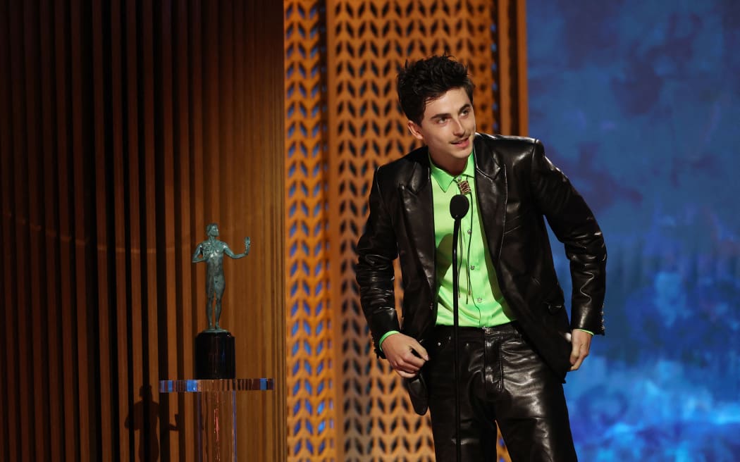 LOS ANGELES, CALIFORNIA - FEBRUARY 23: Timothée Chalamet accepts the Outstanding Performance by a Male Actor in a Leading Role award for "A Complete Unknown" onstage during the 31st Annual Screen Actors Guild Awards at Shrine Auditorium and Expo Hall on February 23, 2025 in Los Angeles, California.   Matt Winkelmeyer/Getty Images/AFP (Photo by Matt Winkelmeyer / GETTY IMAGES NORTH AMERICA / Getty Images via AFP)