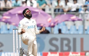 Ajaz Patel of New Zealand celebrating a wicket, India, 2024.