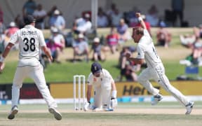 New Zealand's Neil Wagner celebrates the wicket of England's Ollie Pope during the fifth day of the first cricket Test between England and New Zealand at Bay Oval in Mount Maunganui.