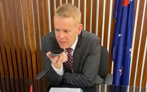 Prime Minister Chris Hipkins speaking to Ukraine President Volodymyr Zelensky on 1 May, 2023.