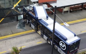 An Auckland Transport bus has crashed into New Lynn train station. Photo / Reddit
