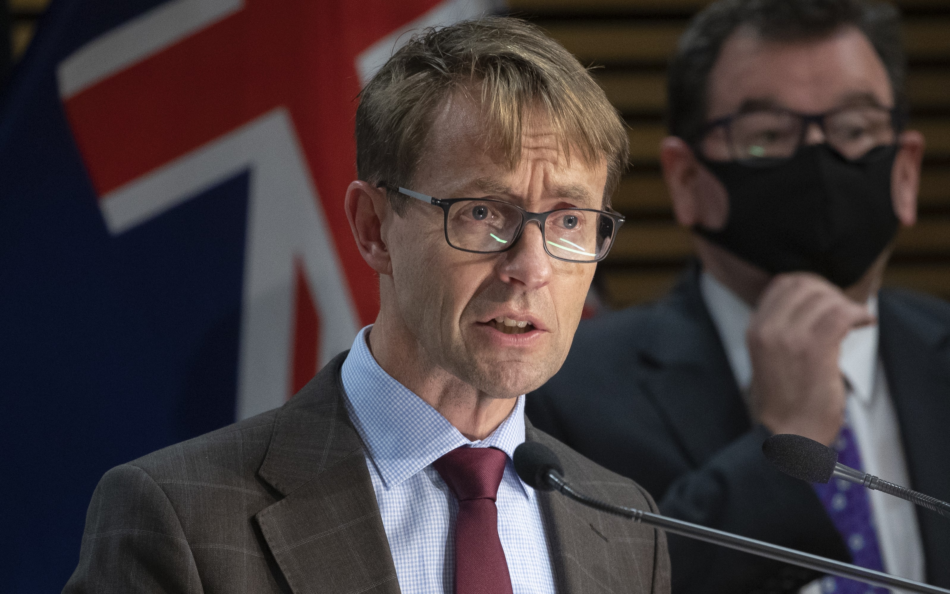 Director general of health Ashley Bloomfield during the post-Cabinet press conference, with Deputy Prime Minister Grant Robertson.