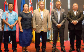 Palau's President Tommy Remengesau (L), Pacific Island Forum Secretary-General Dame Meg Taylor (2nd L), Tuvalu's Prime Minister Enele Sopoaga (C), Cook Islands Prime Minister Henry Puna (2nd R) and Nauru's President Baron Waqa (R)