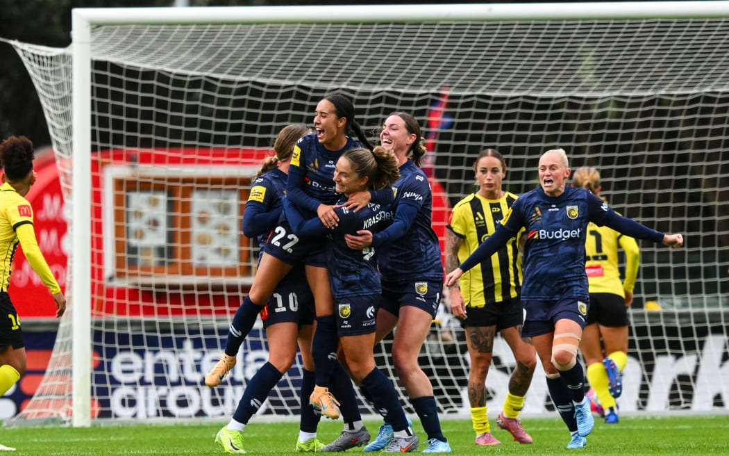 Peta Trimis of Central Coast Mariners celebrates goal. A-League Women - Wellington Phoenix FC v Central Coast Mariners FC at Porirua Park, Wellington, New Zealand on February 15, 2026. Mandatory credit: Elias Rodriguez / www.photosport.nz