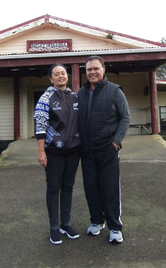 Olsen and his wife Leslie in front of Te Huruhi Marae in Awarua.
