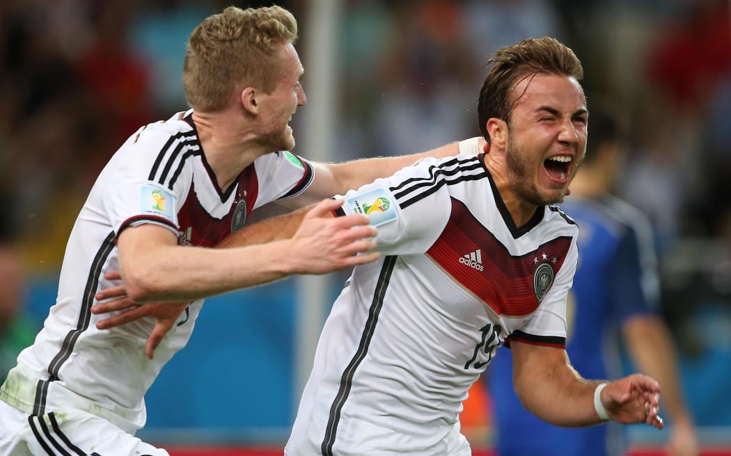 Germany's Mario Goetze celebrates scoring the winning goal against Argentina in the World Cup final.