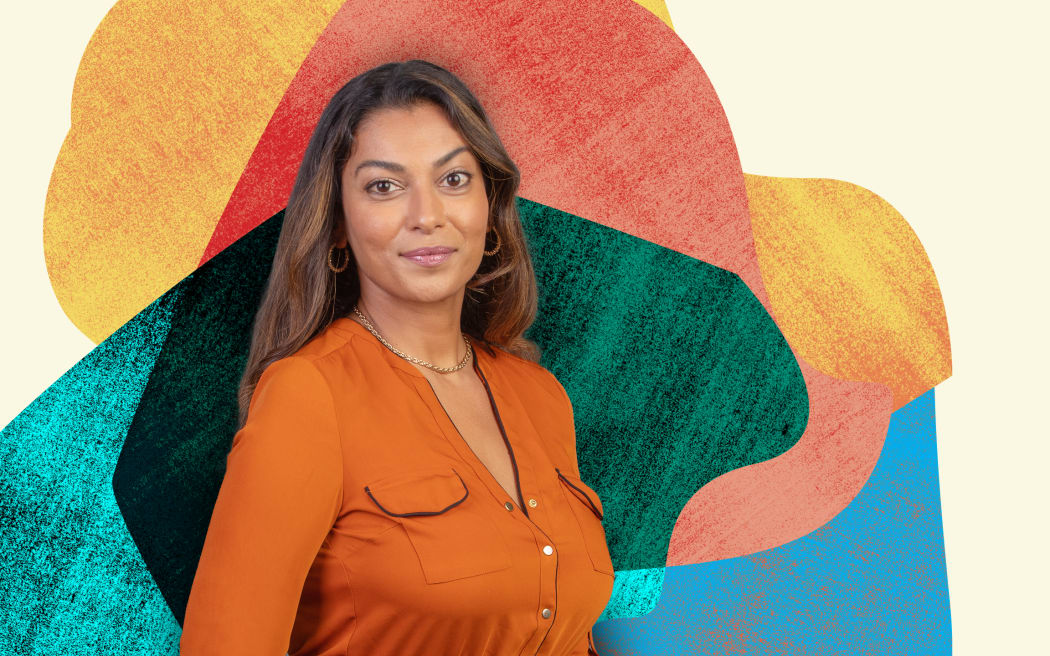 Host Kadambari Gladding in front of a colourful background with overlaid shapes.