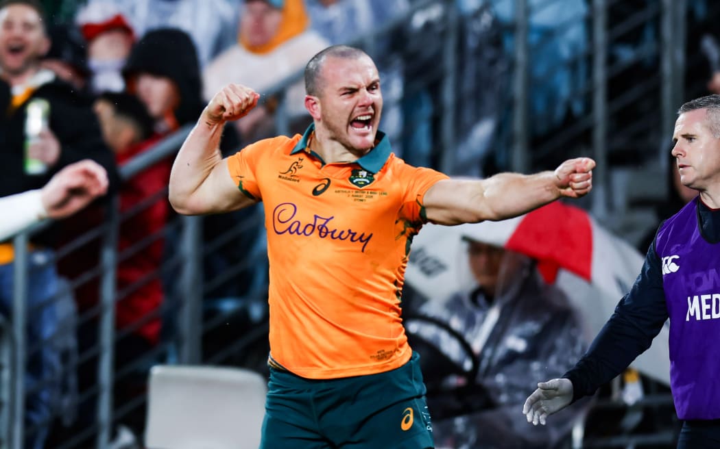 Australia's Dylan Pietsch celebrates try score