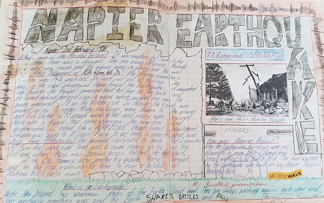 Sarah Robson's hand-drawn school project on the Napier Earthquake.