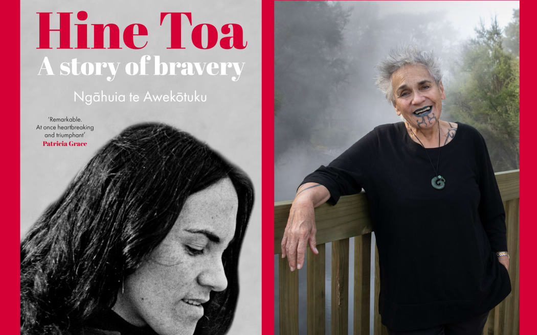 A composite image showing the book cover of 'Hine Toa' on the left and a photo author Ngāhuia te Awekōtuku smiling on the right.