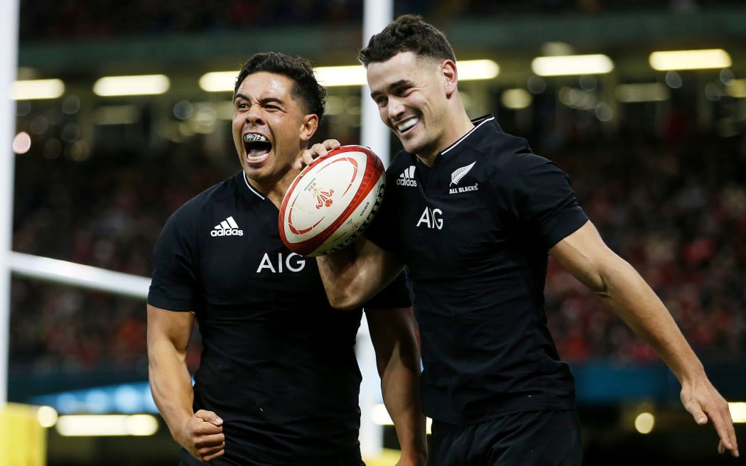 Will Jordan celebrates his try with Anton Lienert-Brown (L). New Zealand All Blacks v Wales. Northern Tour. Rugby Union. Principality Stadium, Wales, UK. Saturday 30 October 2021. © Mandatory photo credit: Matt Impey/ www.Photosport.nz