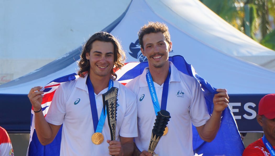 Marcus Ferguson and Tim Dickson are all smiles after winning gold at the Pacific Games.