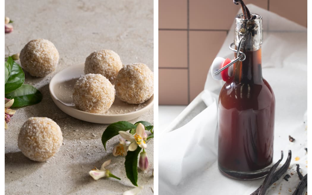 Lemon & Coconut Raw Ball (L) and homemade vanilla extract