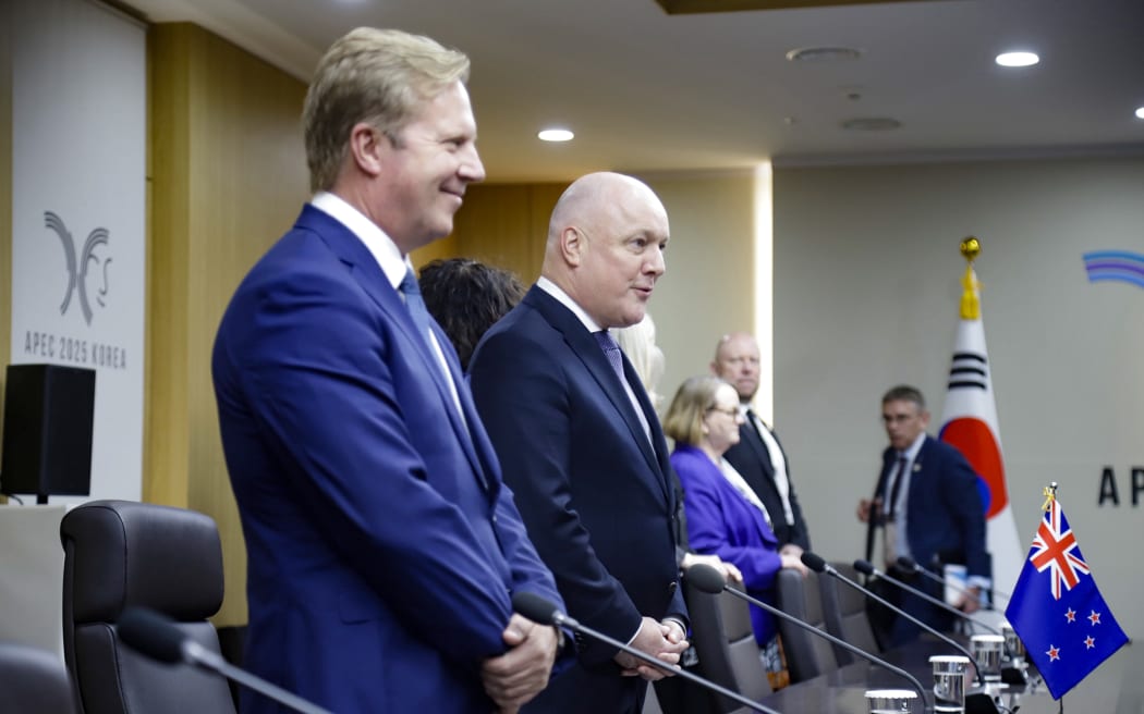 Christopher Luxon and Todd McClay at a bilateral meeting in South Korea.
