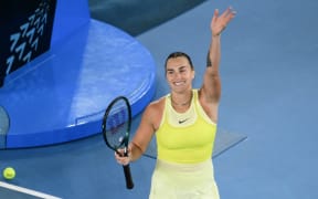 Belarus' Aryna Sabalenka celebrates her victory against Spain's Paula Badosa in their women's singles semi-final match on day twelve of the Australian Open tennis tournament in Melbourne on January 23, 2025.