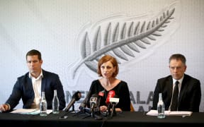 (From left) NZ Football interim chief executive Andrew Pragnell, independent reviewer Pip Muir and NZ Football president Deryck Shaw reveal findings as a result of the independent review into the conduct and culture of the governing body.