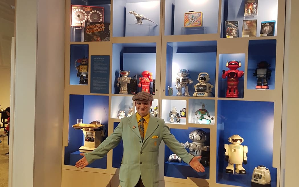 Andy 'Flyboy' Dickson with his robots at the Museum of Transport and Technology.